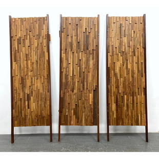 3pc screen Panels in the manner of Sergio Rodriguez. Sculptural Pieced Wood Design. Possibly PERCIVA: 3pc screen Panels in the manner of Sergio Rodriguez. Sculptural Pieced Wood Design. Possibly PERCIVAL LAFER Dimensions: Height: 69 inches, Width: 63 inches, Depth: 1.5 inches. --- - - We offer curbsid