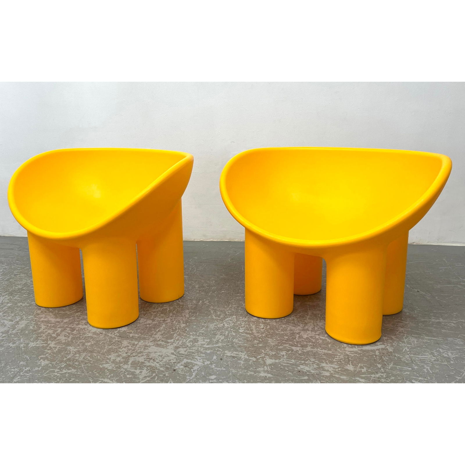 Pr Roly Poly Molded Plastic Lounge Chairs. Yellow seat with four thick column legs. Faye Toogood Rol (1 of 10)