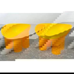 Pr Roly Poly Molded Plastic Lounge Chairs. Yellow seat with four thick column legs. Faye Toogood Rol: Pr Roly Poly Molded Plastic Lounge Chairs. Yellow seat with four thick column legs. Faye Toogood Roly Unmarked. Dimensions: Height: 24 inches, Width: 33.5 inches, Depth: 22 inches. - Seat Height: 14.5