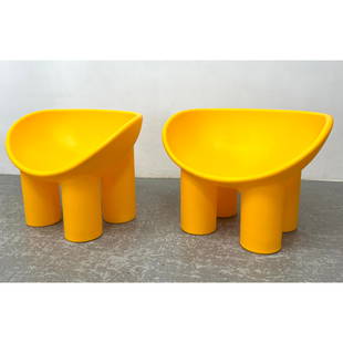 Pr Roly Poly Molded Plastic Lounge Chairs. Yellow seat with four thick column legs. Faye Toogood Rol: Pr Roly Poly Molded Plastic Lounge Chairs. Yellow seat with four thick column legs. Faye Toogood Roly Unmarked. Dimensions: Height: 24 inches, Width: 33.5 inches, Depth: 22 inches. - Seat Height: 14.5