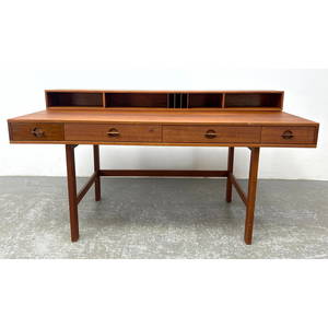 PETER LOVIG NIELSEN Walnut Danish Modern Flip Top Desk. Stamped Mark. 1 Drawer underside and back re