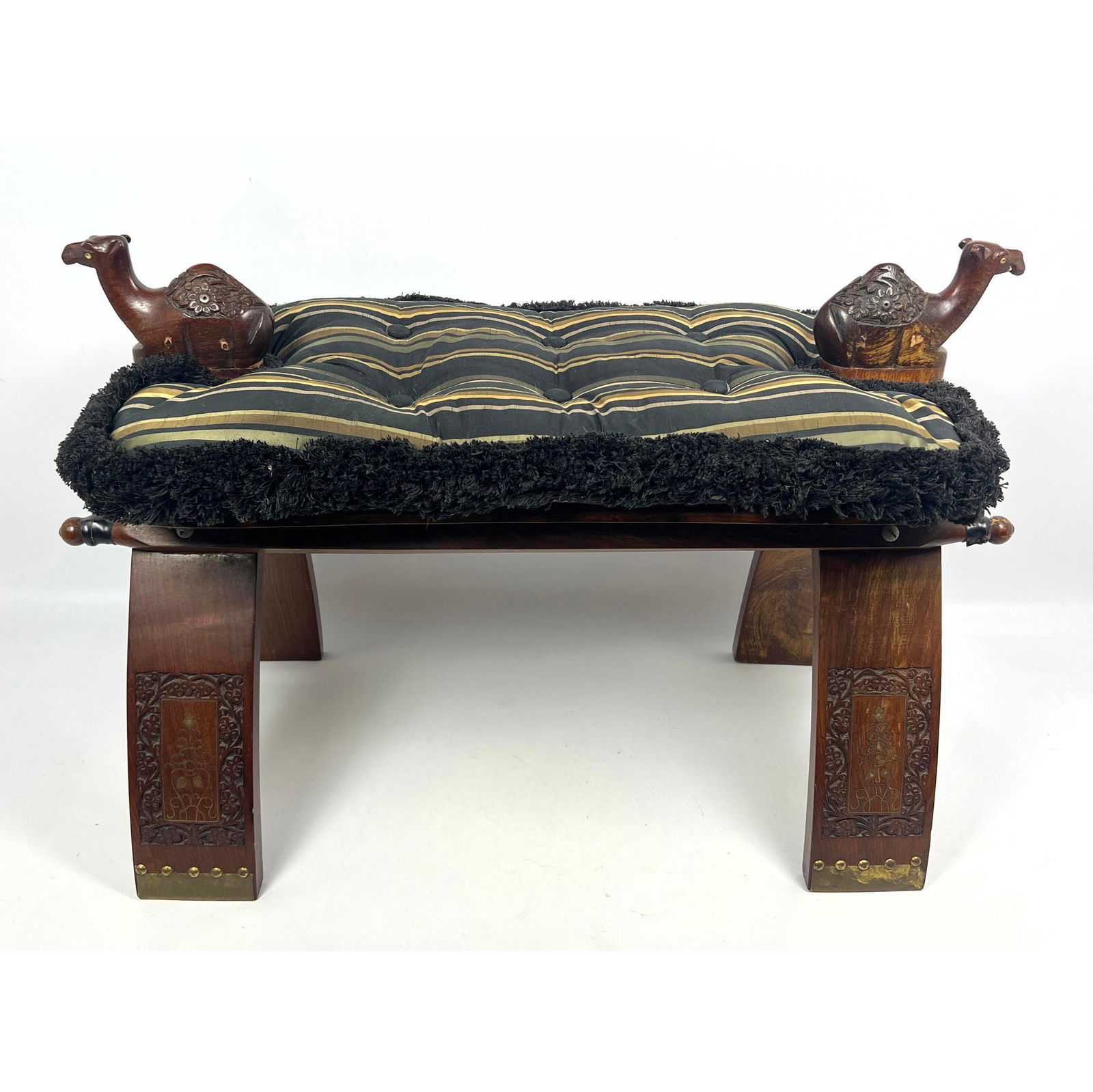 Decorative Eastern Camel Saddle with Carved camels and brass decorations. (1 of 11)