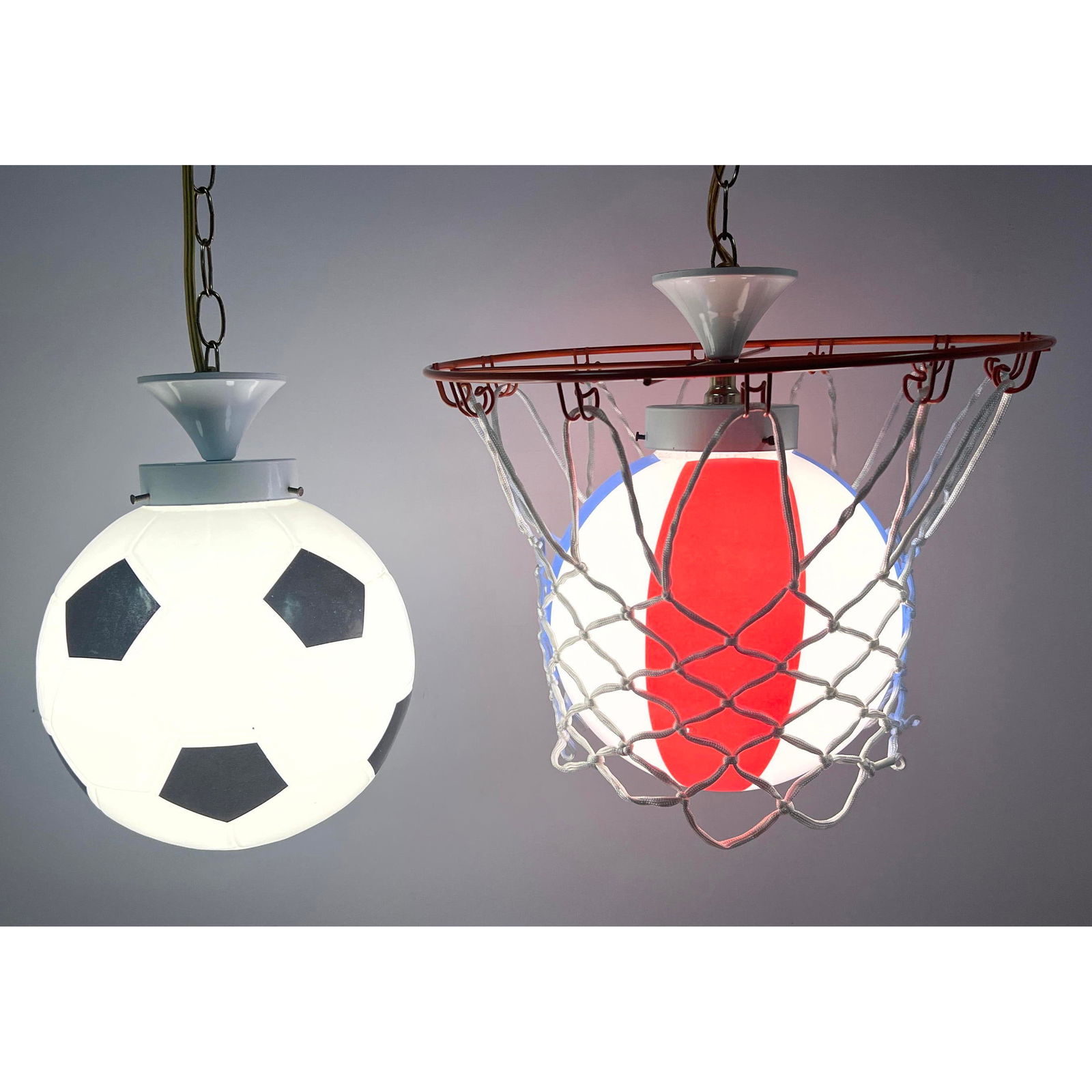 2pcs Sports Theme Lighting.  Mid Century Modern Soccer and Basketball Sports Motif Painted Glass Glo (1 of 14)