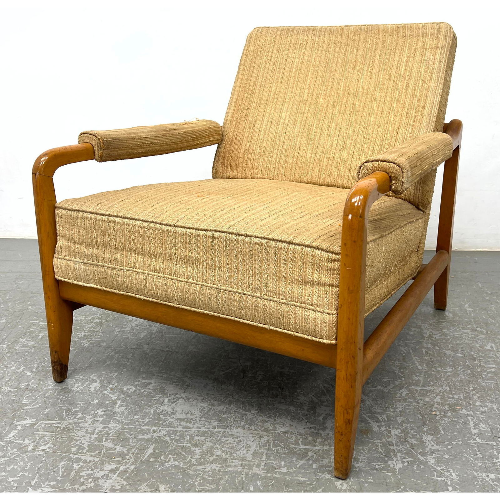 Modernist Open Arm Lounge Chair. Upholstered with fabric arms.: Modernist Open Arm Lounge Chair. Upholstered with fabric arms. Dimensions: Height: 29.5 inches, Width: 28.5 inches, Depth: 31 inches. - Seat Height: 16.5 inches --- - - We offer curbside delivery to N