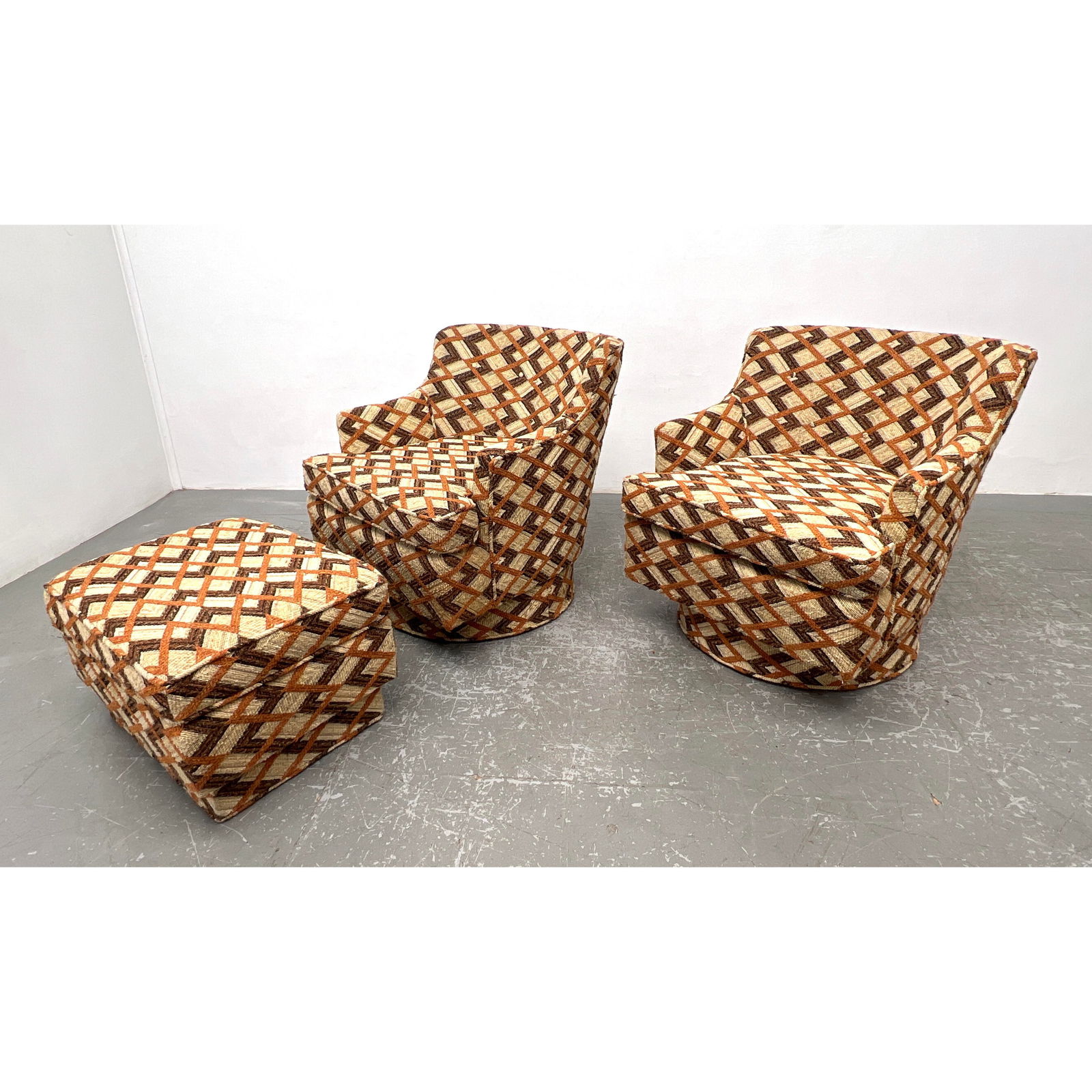 3pcs Pr Swivel Lounge Chairs and Single Ottoman/70's Modern Upholstery. Upholstered fabric swivel ba (1 of 12)