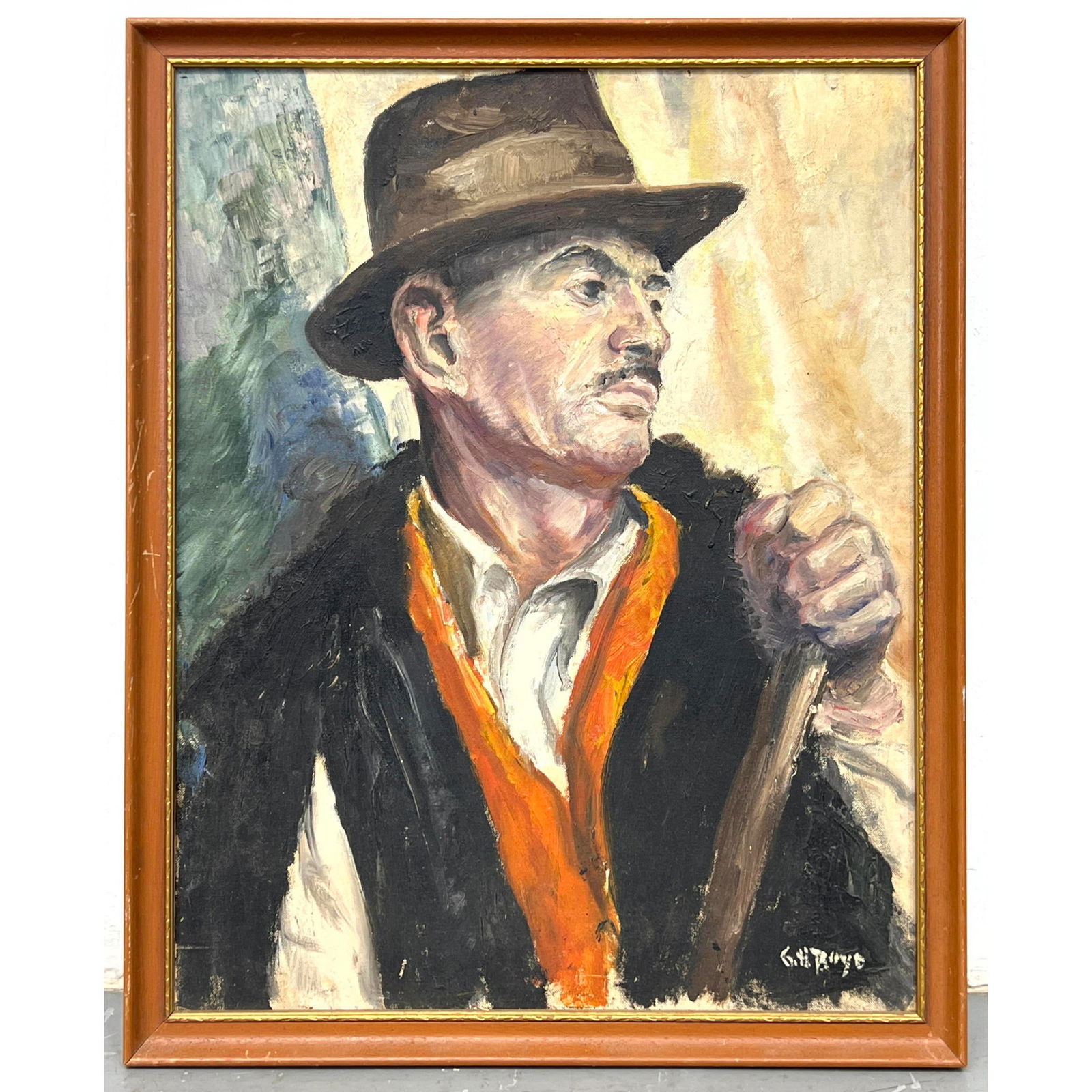 Signed GRACE H BOYD Mid Century Portrait Painting. Figure of Man Wearing Hat and Orange Scarf. Signe (1 of 5)