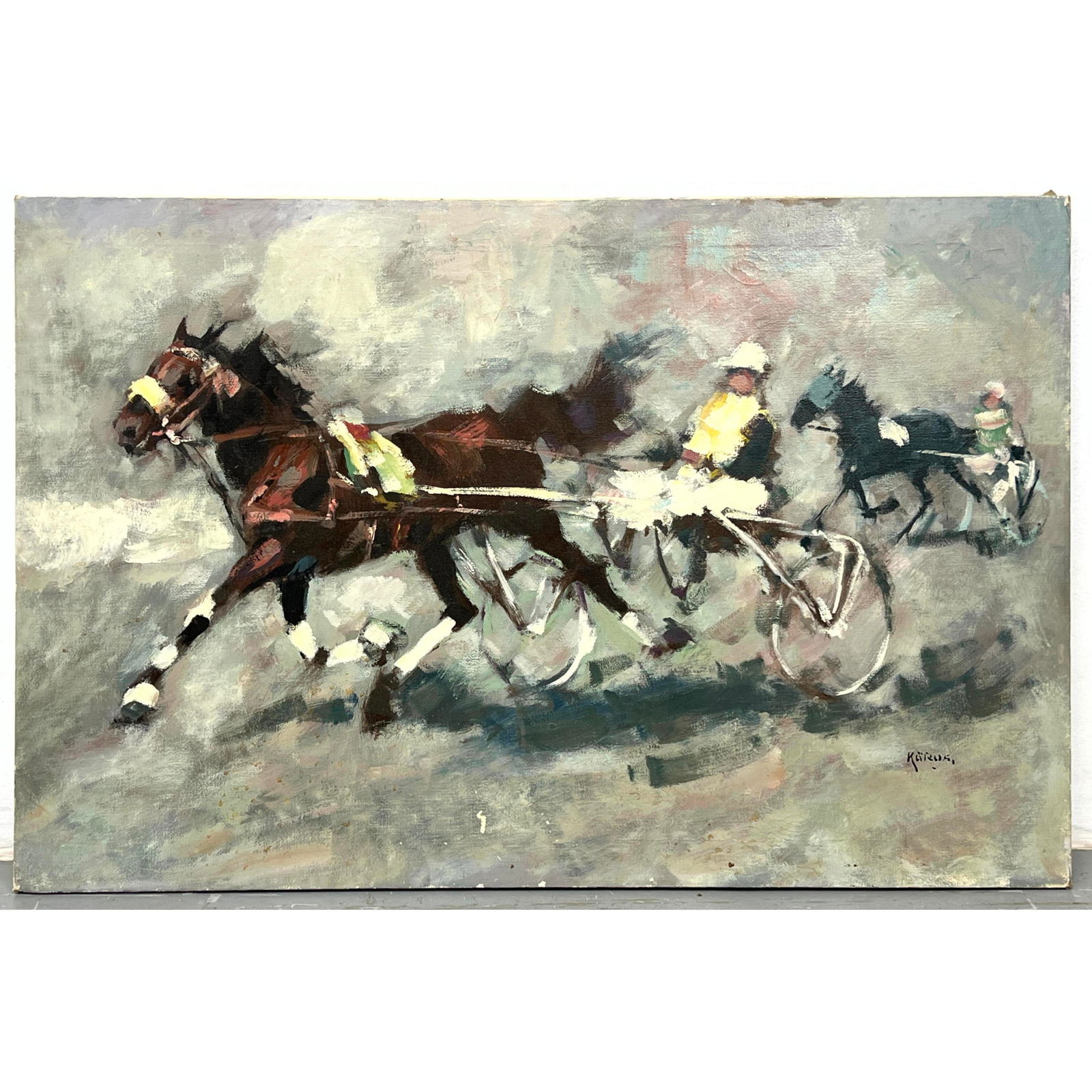 Karus Impressionist Oil on Canvas Painting Horse Race, Signed. (1 of 7)