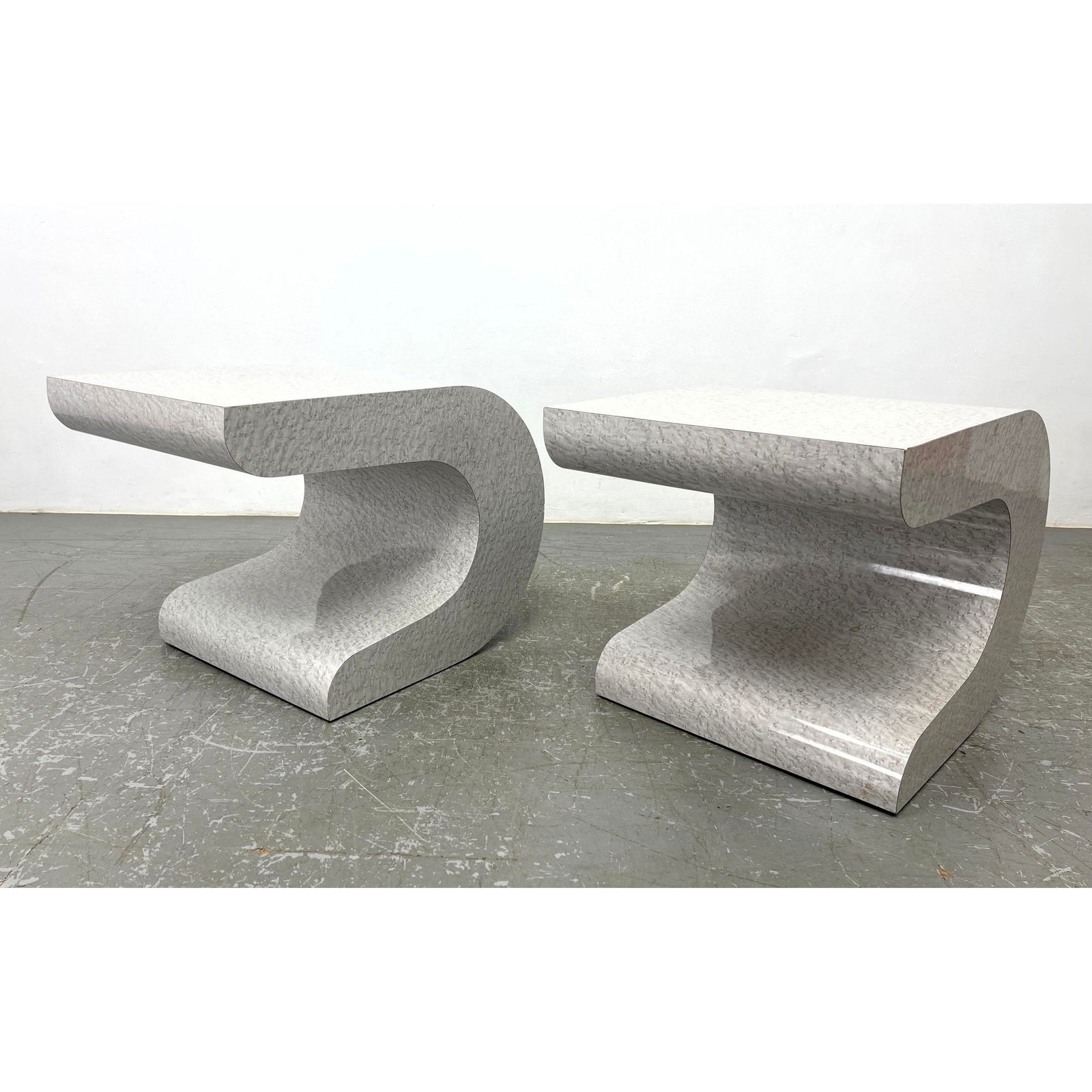 Pair Vintage Formica C form counterbalance side tables. In gray Burl pattern. (1 of 13)