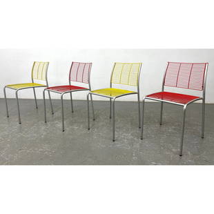 Set 4 Stacking Metal Memphis Side Dining Chairs. Red or Yellow enamel painted seats and backs. MICHE: Set 4 Stacking Metal Memphis Side Dining Chairs. Red or Yellow enamel painted seats and backs. MICHELE De LUCCHI, designer. Dimensions: Height: 30.5 inches, Width: 16 inches, Depth: 19 inches. - Seat