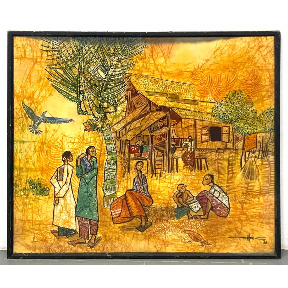 Illegibly signed batik art. Framed. People gathered under a tree. (1 of 10)