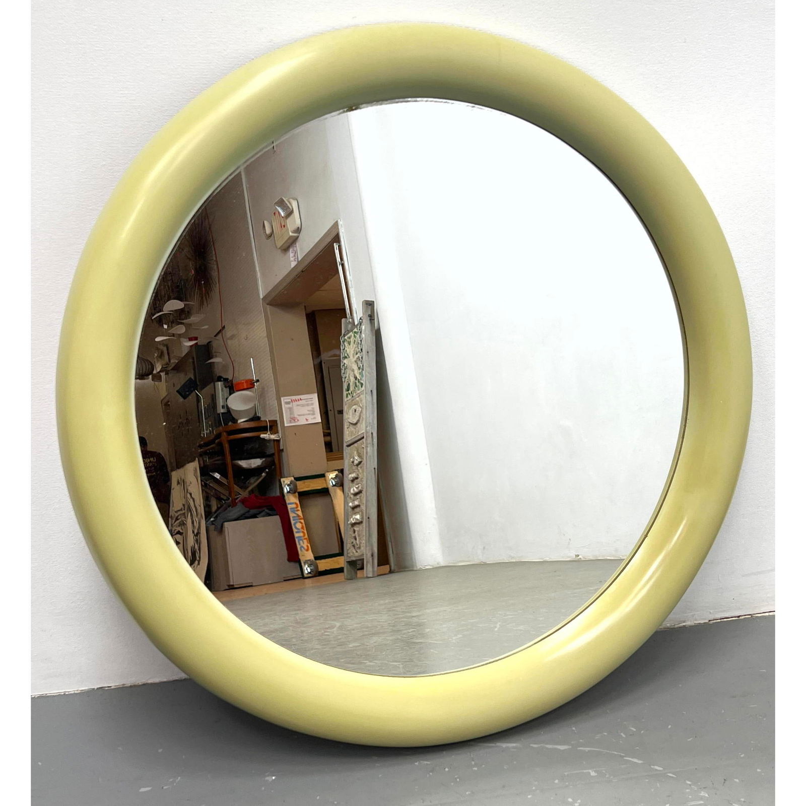 Round Greenish Tan Lacquer mirror with Springer style frame. (1 of 4)