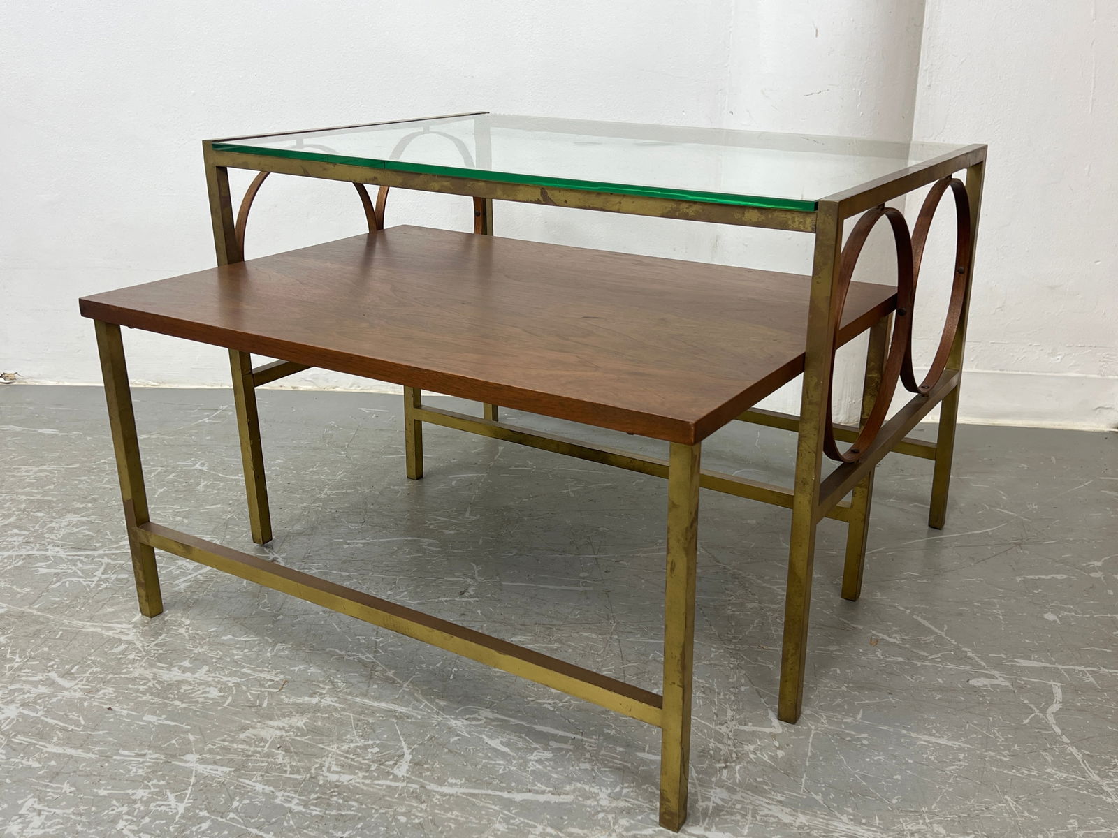 2pc Paul McCobb Attributed Nesting Tables-Brass -Circular Mahogany accents, Glass Top (1 of 12)