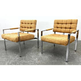 Pr Milo Baughman style Chrome frame Lounge Chairs. Tufted Upholstered Seats and Backs. Possibly Prob (1 of 13)