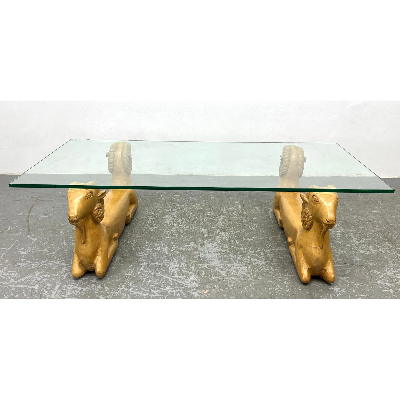 Modernist Carved Wood Figural Rams Coffee Table. Large Glass Top. (1 of 11)