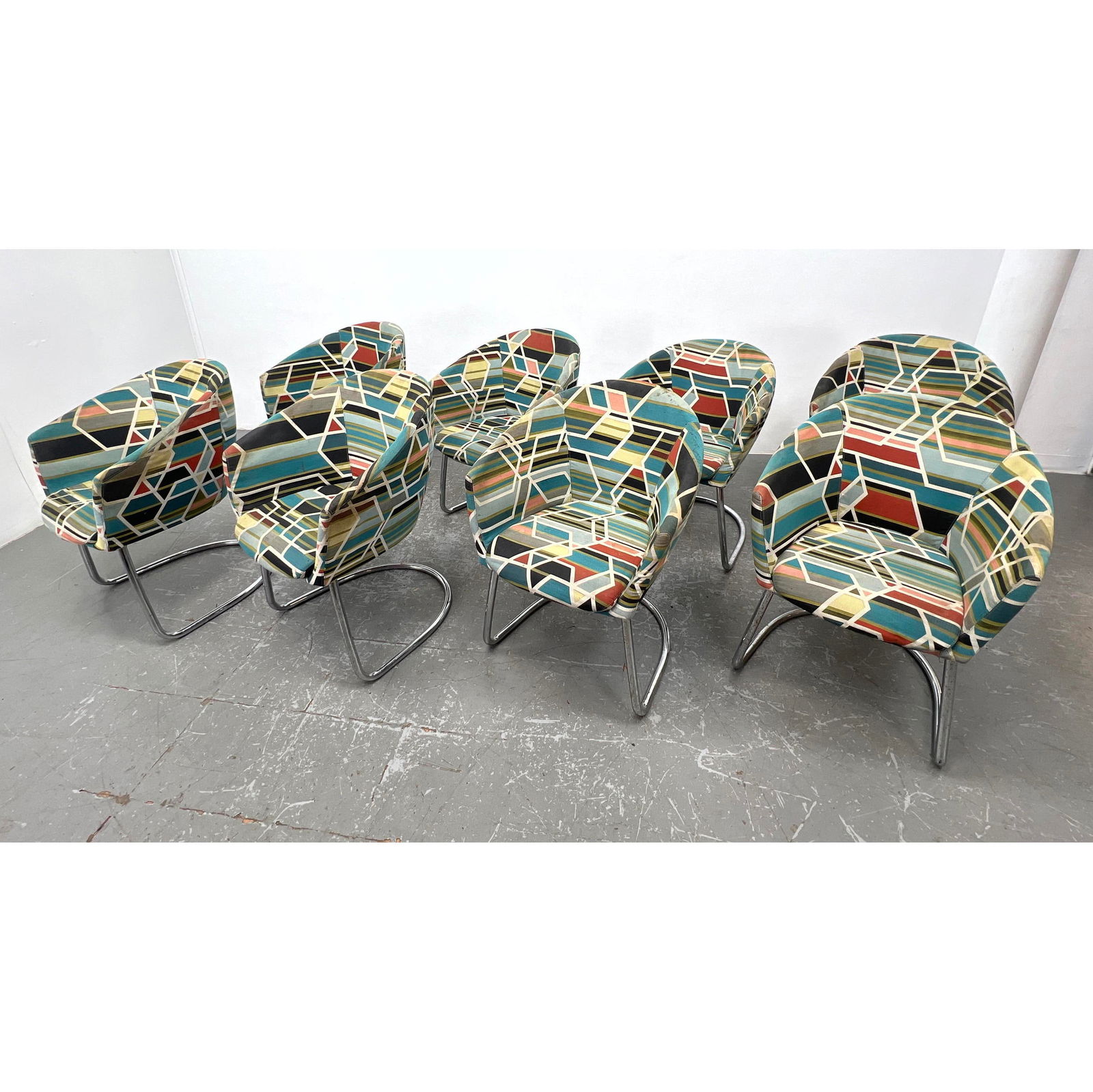 8pc ARTIFORT Chrome Frame Dining Chairs. Cantilever Tube Frame. Geometric Colorful Upholstery. Label (1 of 16)