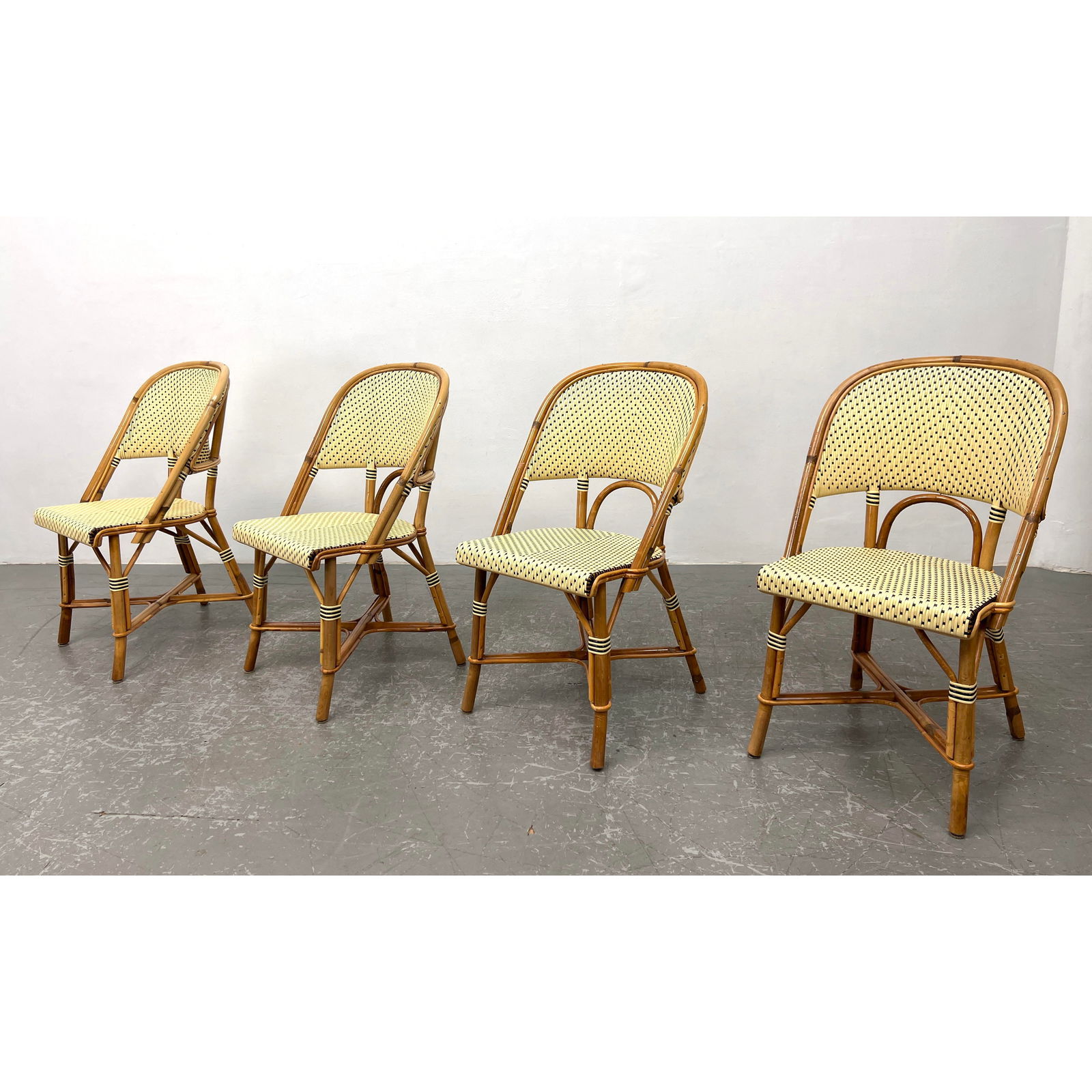 Set 4 French Bistro Cafe Chairs. Rattan Frames with Woven Seats and Backs. Brass Tag: DRUCKER CAFE C (1 of 16)