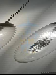 Vintage 12 inch Mid Century Modern Mod Glass and Chrome Pendant Lamp. Ball form.: Vintage 12 inch Mid Century Modern Mod Glass and Chrome Pendant Lamp. Ball form. Dimensions: Height: 20 inches, Width: 12 inches, Depth: 12 inches. --- - - We offer curbside delivery to NYC,
