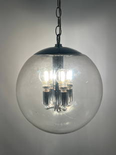 Vintage 12 inch Mid Century Modern Mod Glass and Chrome Pendant Lamp. Ball form.: Vintage 12 inch Mid Century Modern Mod Glass and Chrome Pendant Lamp. Ball form. Dimensions: Height: 20 inches, Width: 12 inches, Depth: 12 inches. --- - - We offer curbside delivery to NYC, Manhattan