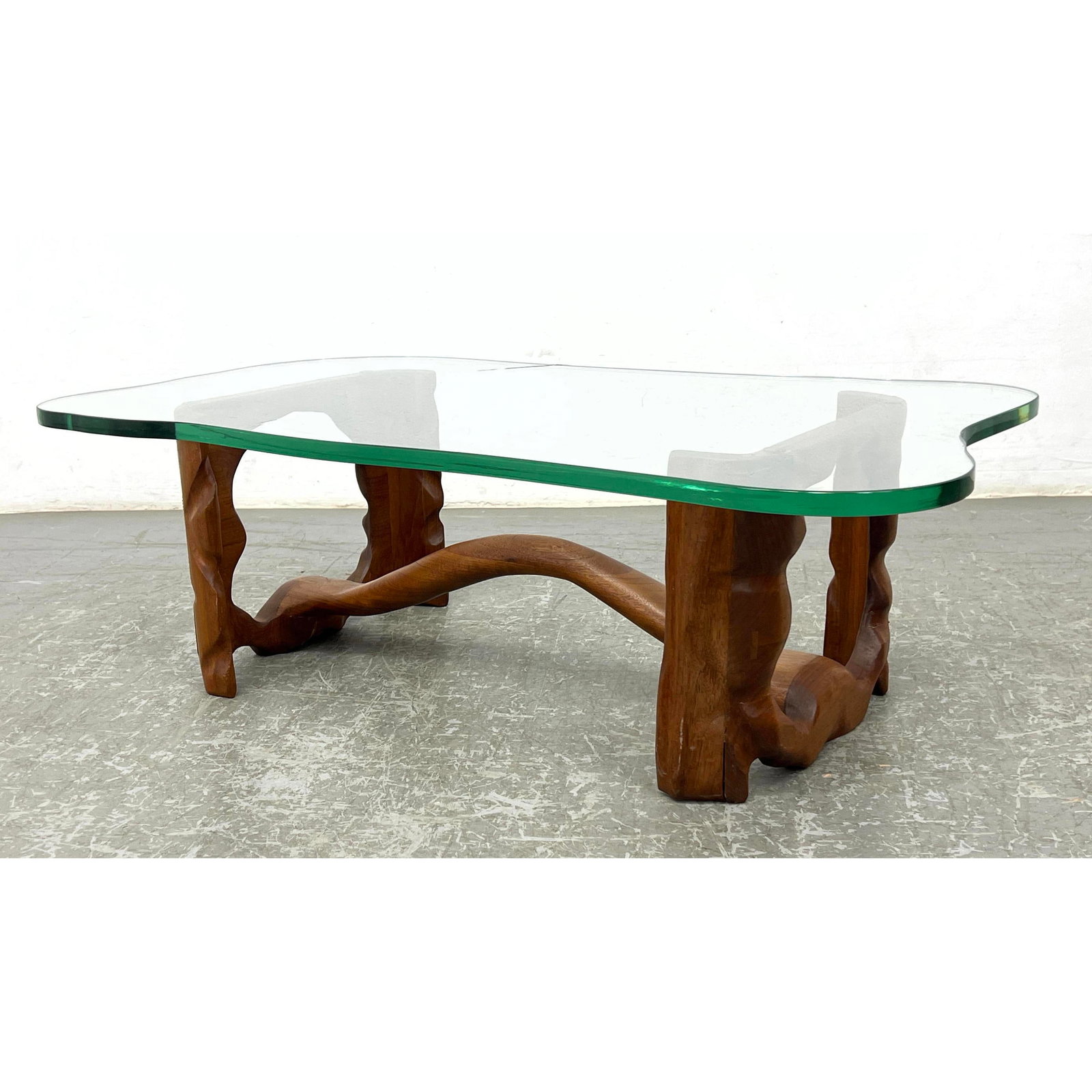 Phil Powell Style Artisan Woodworker Studio Carved Wood Coffee Table. Thick shaped glass top. Unmark (1 of 11)