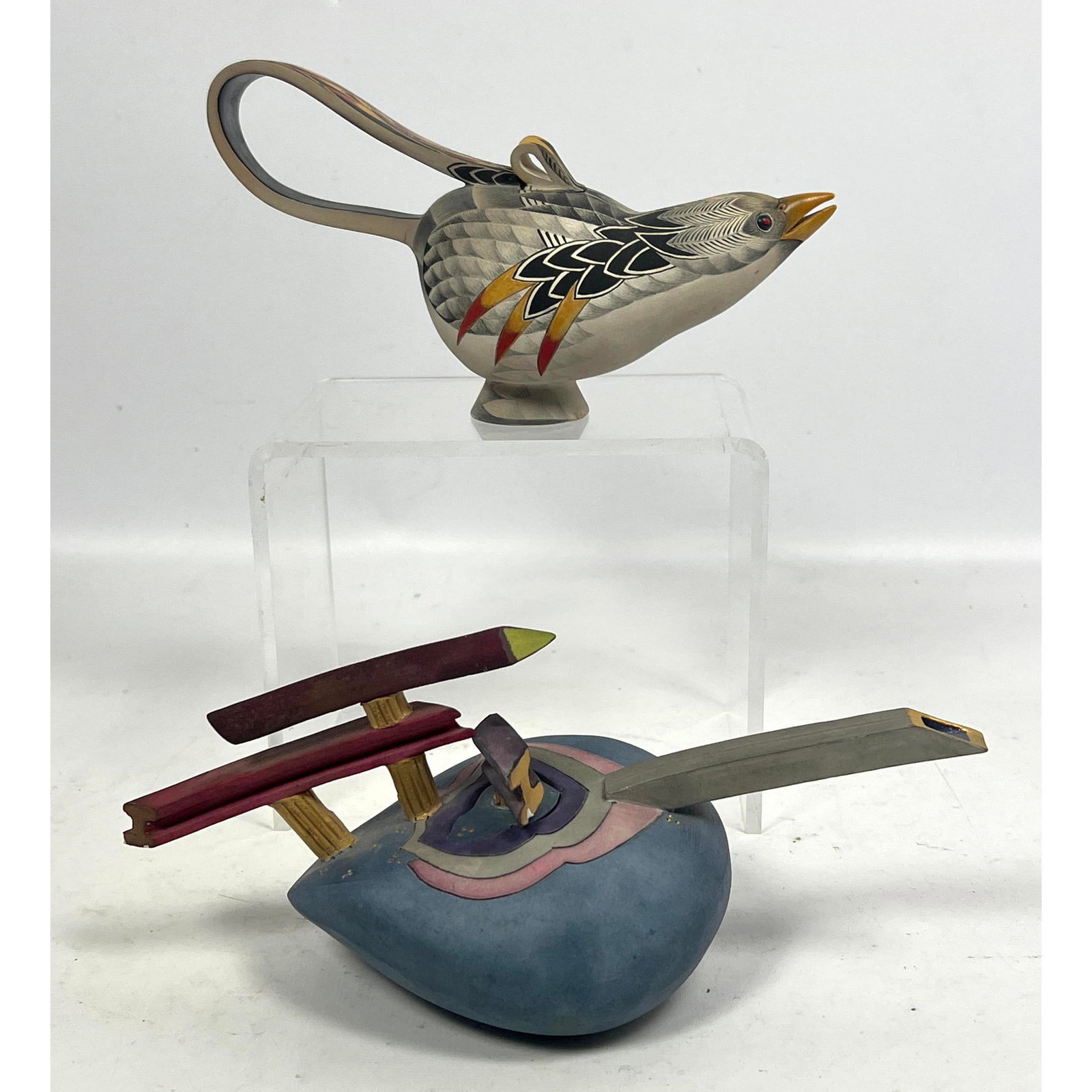 2ps Miniature Art Pottery Tea Pots. Water pourers. 1 bird form and 1 signed Schacter 84 (1 of 17)