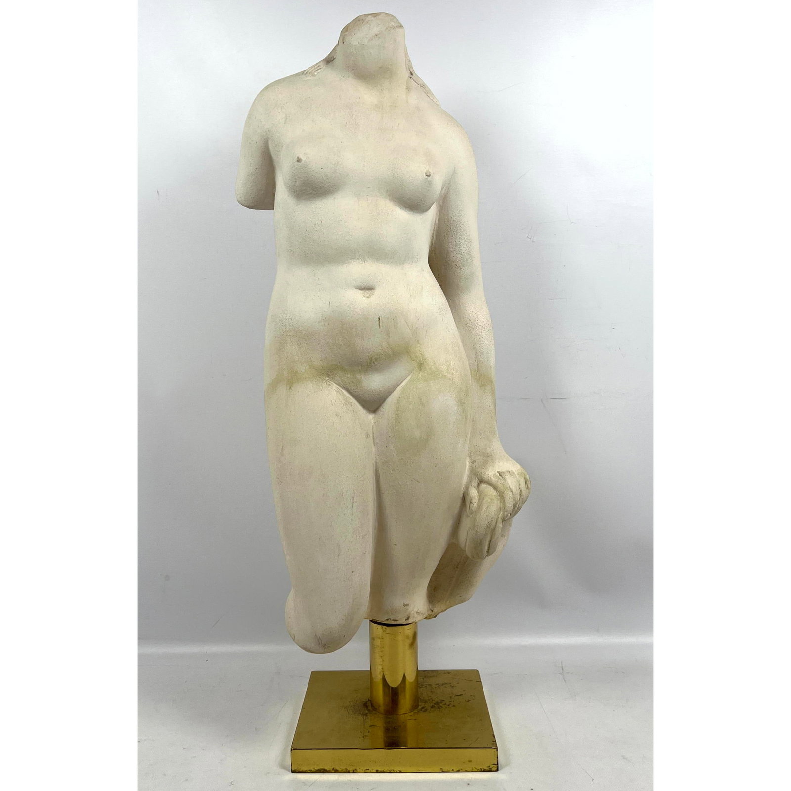 Cast Plaster Nude Female Figural Sculpture. Brass Stand.: Cast Plaster Nude Female Figural Sculpture. Brass Stand. Dimensions: Height: 25 inches, Width: 8.5 inches, Depth: 7 inches. --- - - We offer curbside delivery to NYC, Manhattan, Close Brooklyn, Hoboke