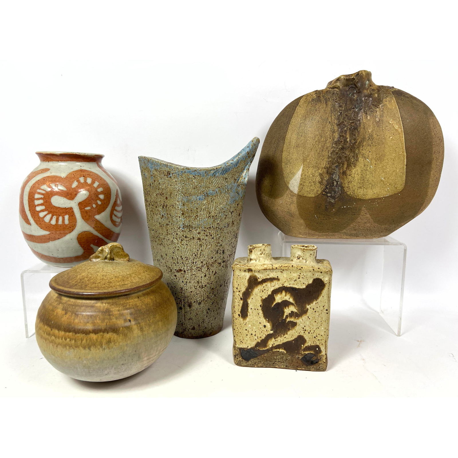 American Glazed Ceramic Studio Pottery, Brutalist Style. Vases and Lidded Jar. Some signed DANNEY, K (1 of 18)