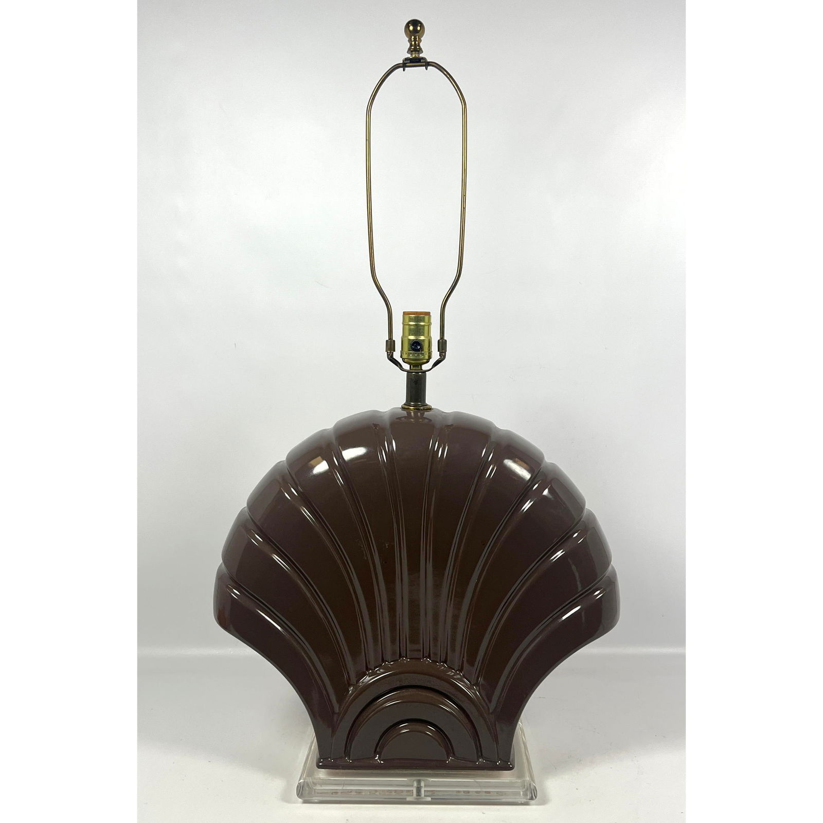 Bauer Pottery Shell Form Table Lamp. Lucite base.: Bauer Pottery Shell Form Table Lamp. Lucite base. Dimensions: Height: 33 inches, Width: 17 inches, Depth: 6 inches. --- - - We offer curbside delivery to NYC, Manhattan, Close Brooklyn, Hoboken about