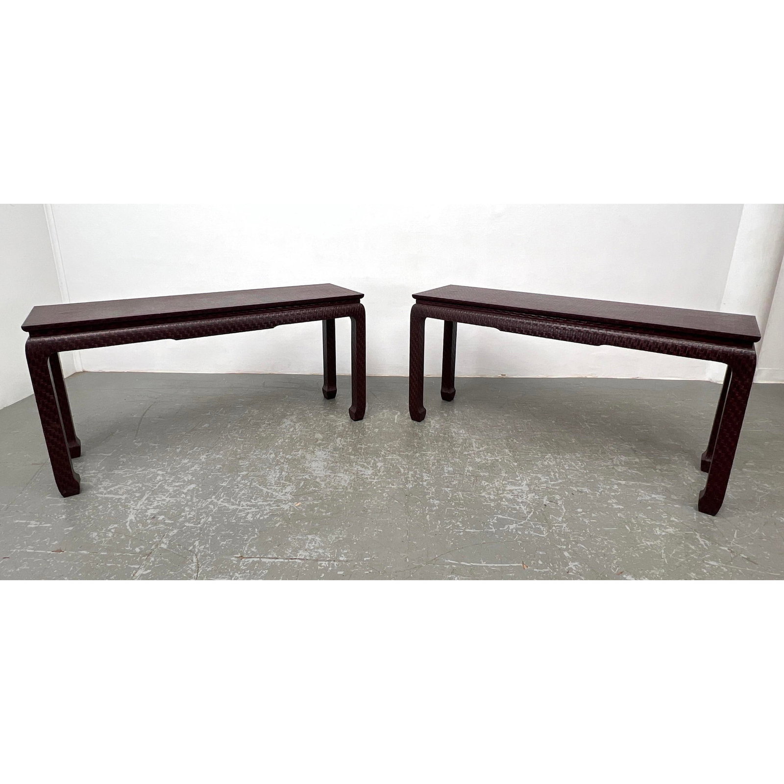 Pr KARL SPRINGER style Asian Inspired Console Tables. Woven textured finish. Not marked.: Pr KARL SPRINGER style Asian Inspired Console Tables. Woven textured finish. Not marked. Dimensions: Height: 27.5 inches, Width: 54 inches, Depth: 16 inches. --- - - We offer curbside delivery to NYC,