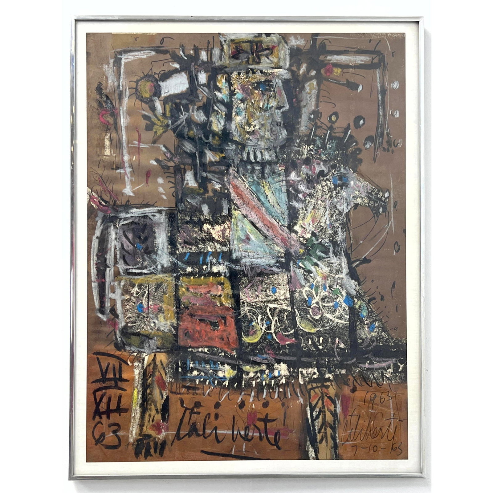 Unknown Original Artwork dated 1963 in the style of Antonio Clave, framed by the artist and framer R: Unknown Original Artwork dated 1963 in the style of Antonio Clave, framed by the artist and framer Robert Kulicke (Label on Back) Dimensions: Height: 28.5 inches, Width: 22 inches. --- - - We offer cu