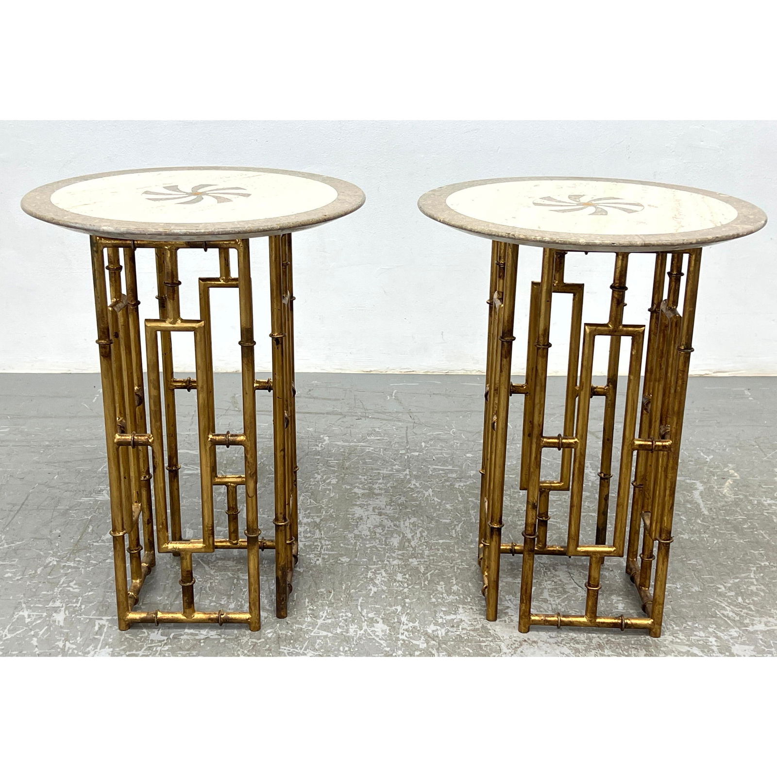 Pair Faux Bamboo Metal Round Marble Top Tables. 4 L Shaped Faux Bamboo Bases 2 Inlaid travertine rou (1 of 10)