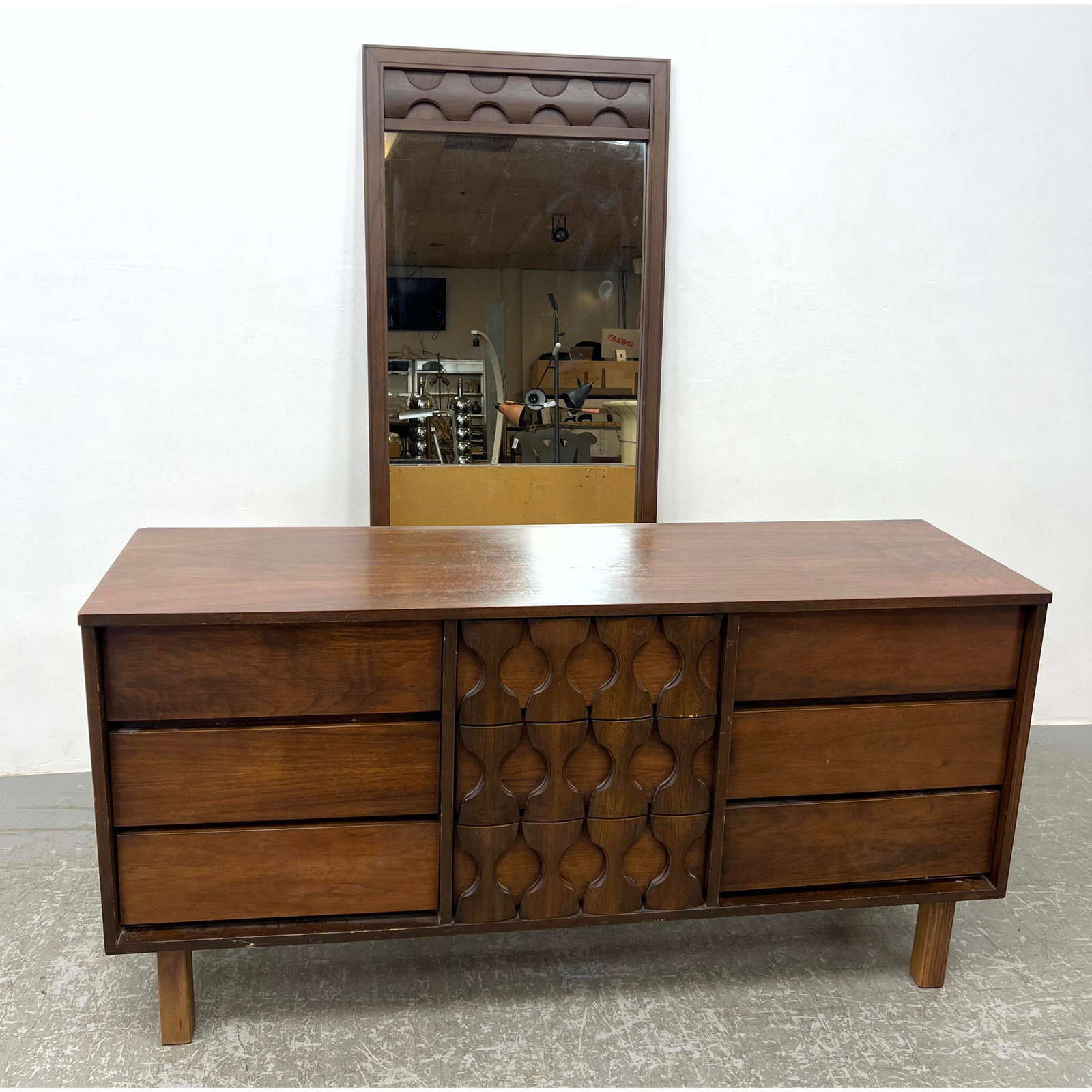 American Brutalist Style Mid Century Modern Walnut Dresser and Mirror (1 of 13)