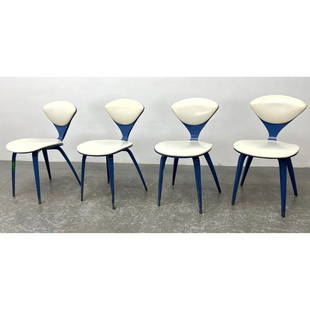 Set 4 NORMAN CHERNER Plycraft Chairs. Blue Painted Bent Plywood Frames. White Vinyl Seats and Backs.: Set 4 NORMAN CHERNER Plycraft Chairs. Blue Painted Bent Plywood Frames. White Vinyl Seats and Backs. Not Marked. Appears to have been painted more than once. Dimensions: Height: 32 inches, Width: 17 i