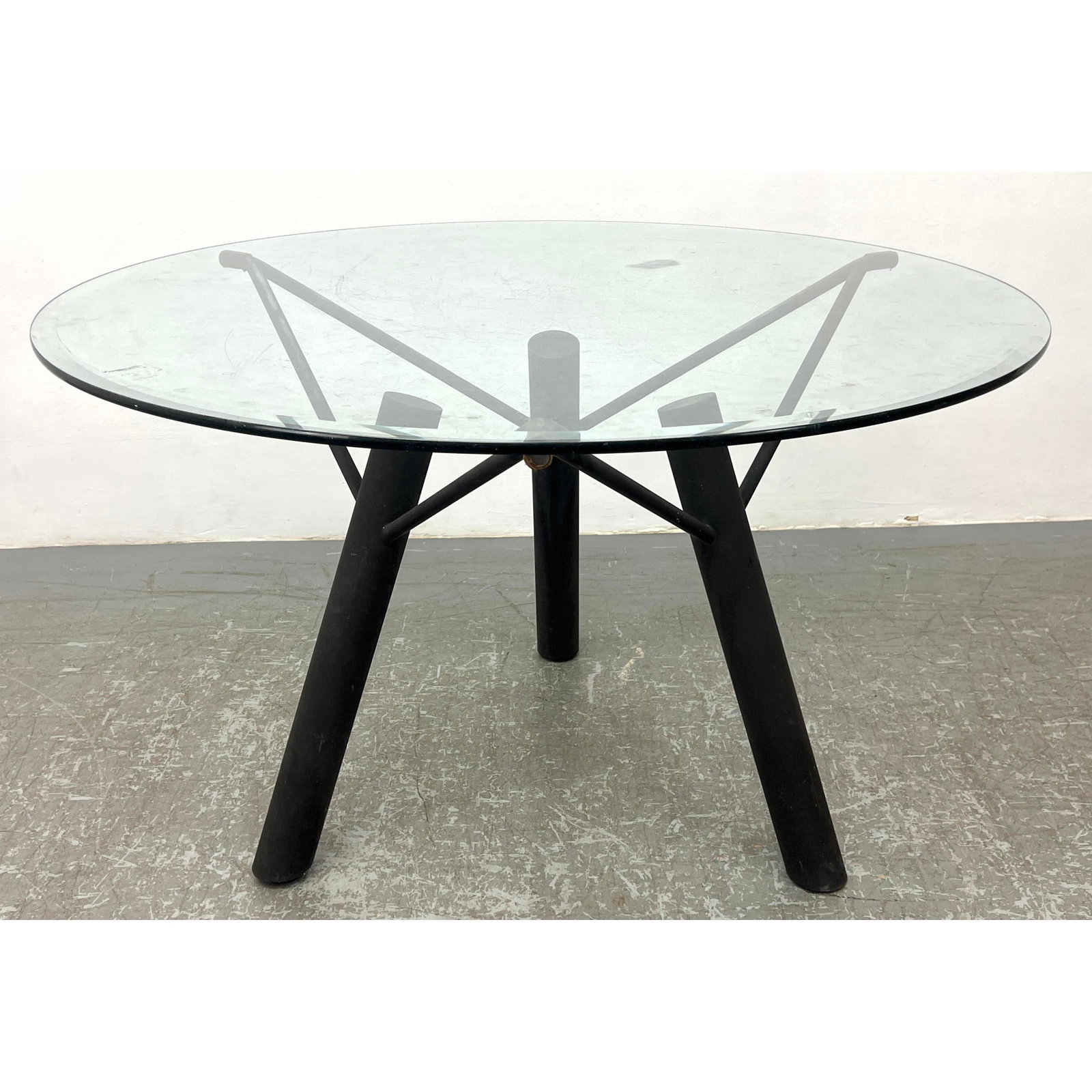 Unique Italian Modern Tripod Dining Table. Unusual Design Meta Base with Glass Top. (1 of 9)