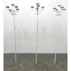 Set 3 White Iron Floor Model Candelabras. Open Circular Bases support 5 Candle Holders on scrollwork (1 of 16)