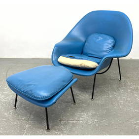 2pc Eero Saarinen style Womb Lounge Chair, Ottoman. Bright blue vinyl upholstery. Black tube frame. (1 of 17)