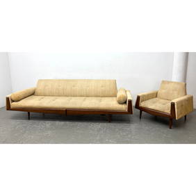 2pc American Modern Walnut Sofa and Lounge Chair. Long Horizontal profile Couch with Bolster Pillows (1 of 20)