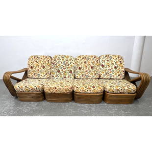 Paul Frankl rattan pretzel sofa. 4 pcs. 5 Band wide rms.: Paul Frankl rattan pretzel sofa. 4 pcs. 5 Band wide rms. Dimensions: Height: 32 inches, Width: 99 inches, Depth: 34 inches. - Seat Height: 14 inches --- - - We offer curbside delivery to NYC, Manhatta