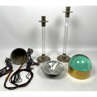 Mid Century Lot. 2 Glass rod candle sticks with chrome. Jonathan Adler Brass and glass box. Oswald P: Mid Century Lot. 2 Glass rod candle sticks with chrome. Jonathan Adler Brass and glass box. Oswald Power - Robert Lee Morris aluminum bowl. Donald Drumm Style Hanging Planter. Dimensions: Height: 20 i