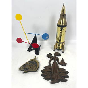 4pcs Modernist Lot. Mobile with colorful paddles, Mid Century Rocket Form Musical Liquor Decanter, B: 4pcs Modernist Lot. Mobile with colorful paddles, Mid Century Rocket Form Musical Liquor Decanter, Bronze Horse Head Ashtray, Evelyn Ackerman Style Wall Hanging Dimensions: Height: 14 inches, Width: 3