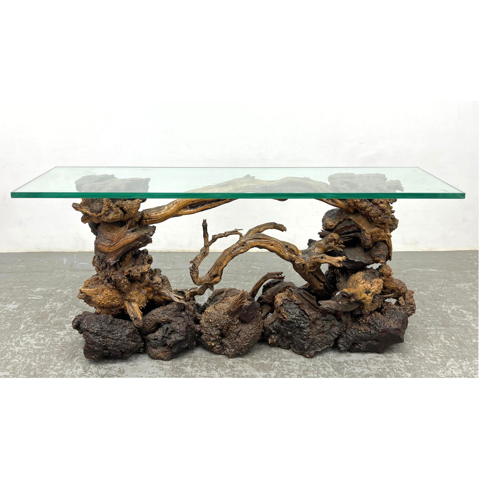 Organic Natural Wood Burls and Branches Hall Table. Glass Top over double pedestal base. (1 of 9)