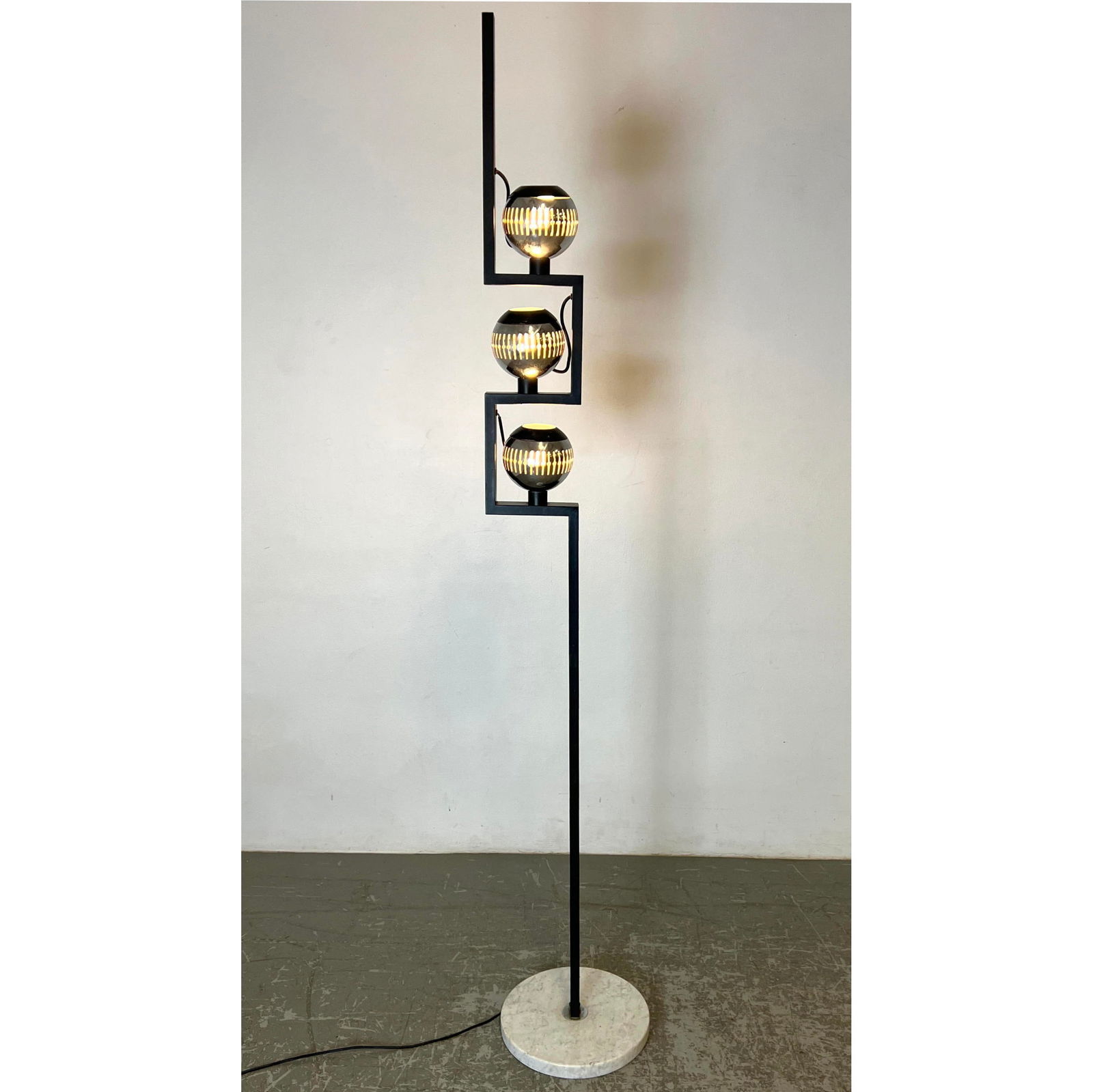 Angelo Lelli for Arredoluce floor lamp. Magnetic chrome ball light fixtures adjustable, small chip o (1 of 15)