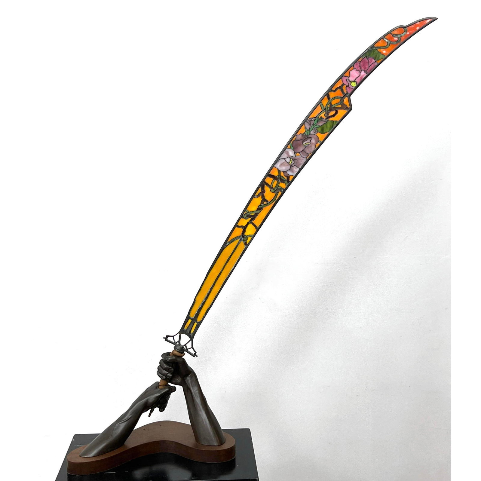 Butterfield Bronze and Stain Art Glass Sculpture Mounted on Wood Base, 'Soul Defender', 1982: Butterfield Bronze and Stain Art Glass Sculpture Mounted on Wood Base, 'Soul Defender', 1982 Dimensions: Height: 51 inches, Width: 11 inches, Depth: 18 inches. --- - - We offer curbside delivery for m