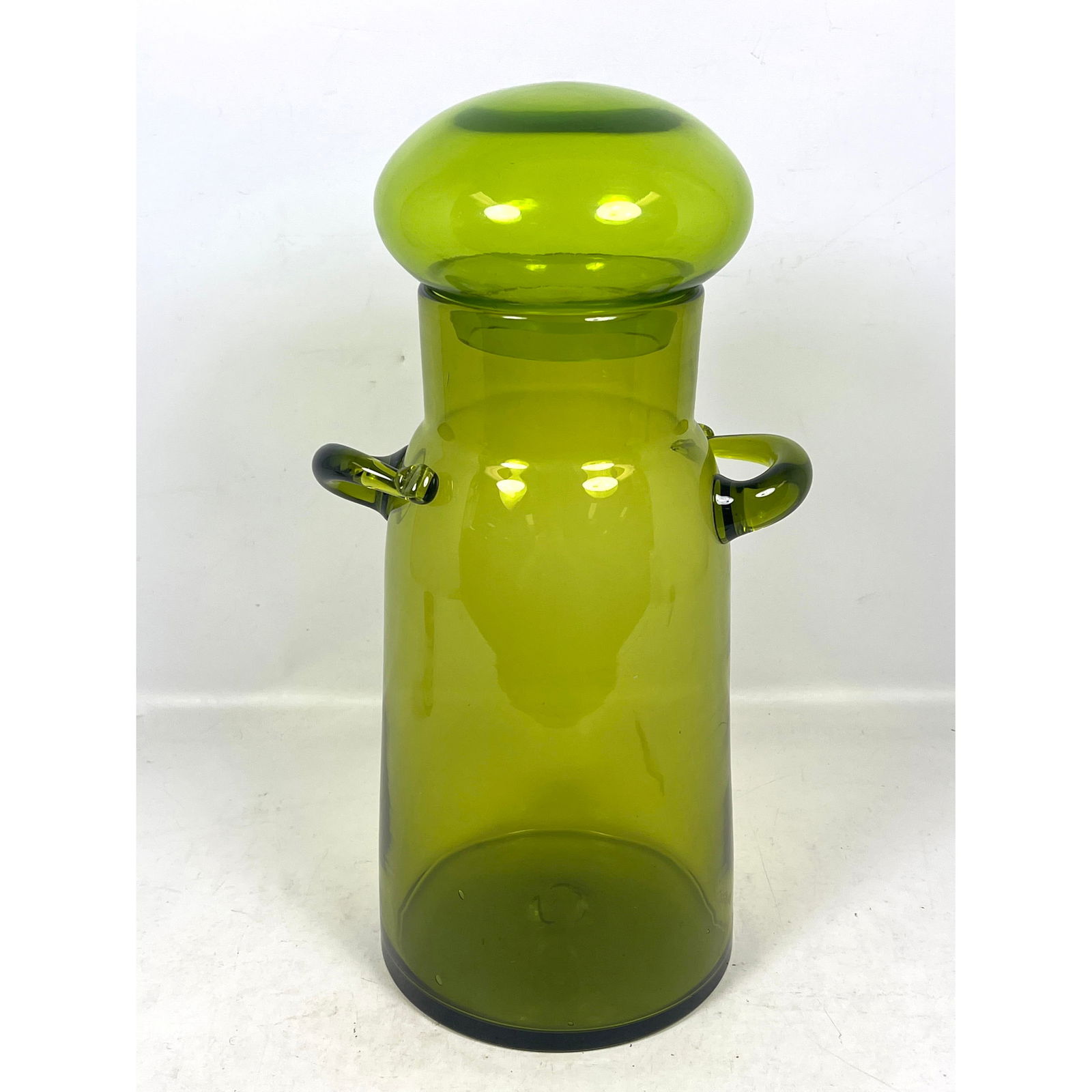 JOHN NICKERSEN for BLENKO Glass Bottle. Avocado Green Glass Handled Form with Flatted Ball Stopper. (1 of 9)