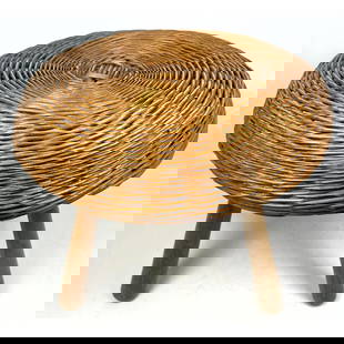 Tony Paul woven rattan and teak tripod stool: Tony Paul woven rattan and teak tripod stool Dimensions: Height: 16.5 inches, Width: 18 inches, Depth: 18 inches. --- - - We offer curbside delivery for most items to NYC, Manhattan, Close Brooklyn, H