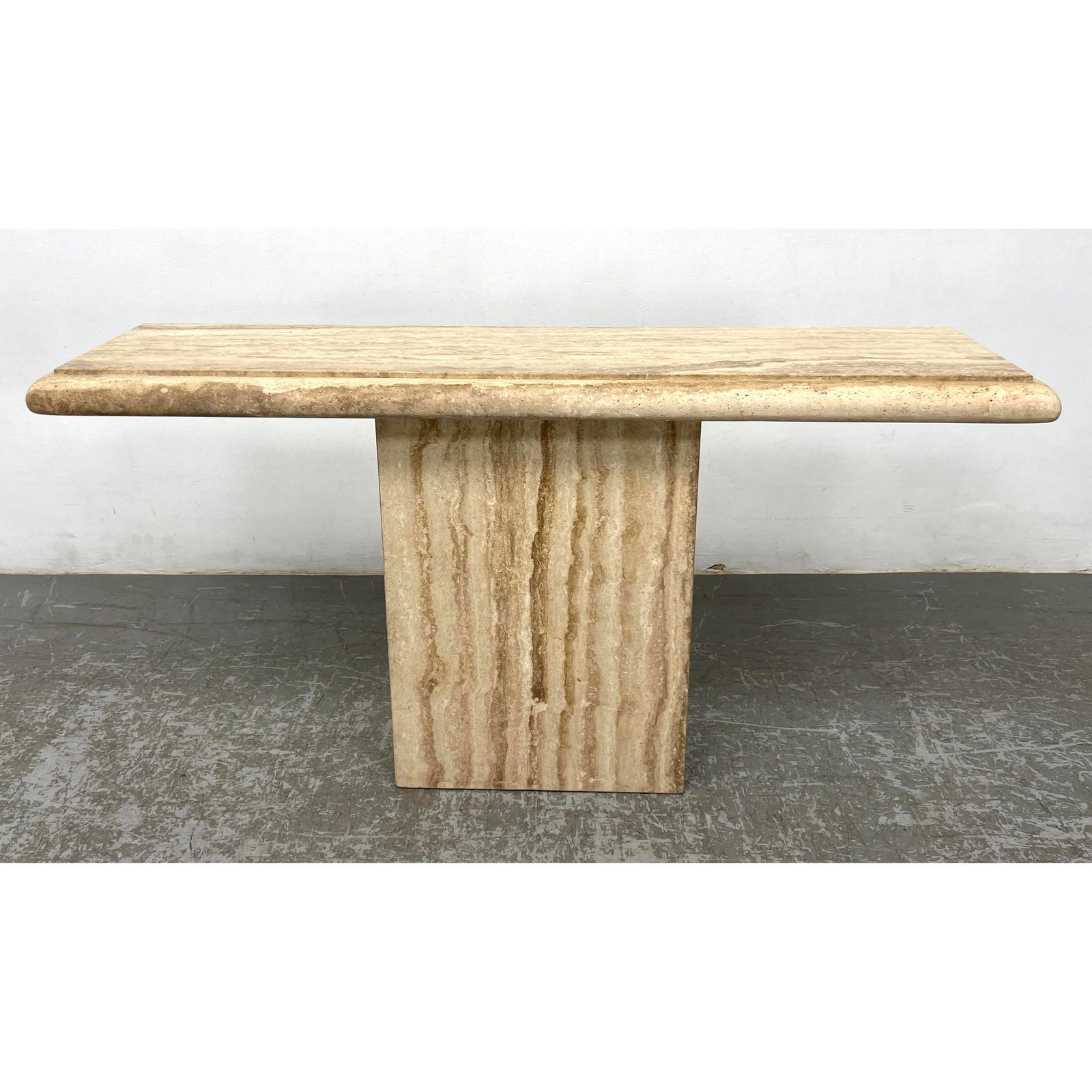 Travertine Sofa table. 2 pc construction. Heavy with rolled edge design. (1 of 10)