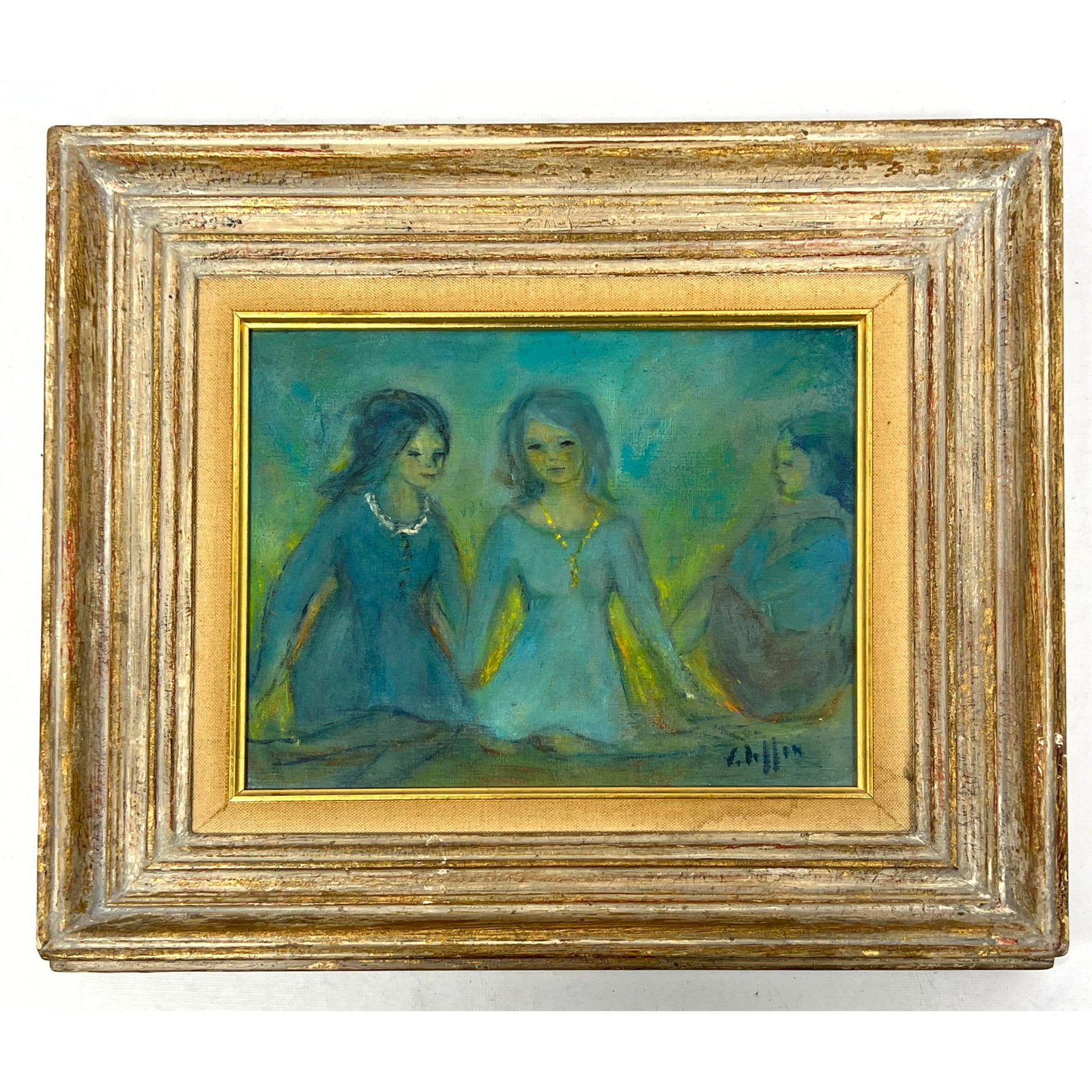 Mid Century Modern Vintage Polia Pillin Painting on Canvas of two figural women or girls framed in o (1 of 8)