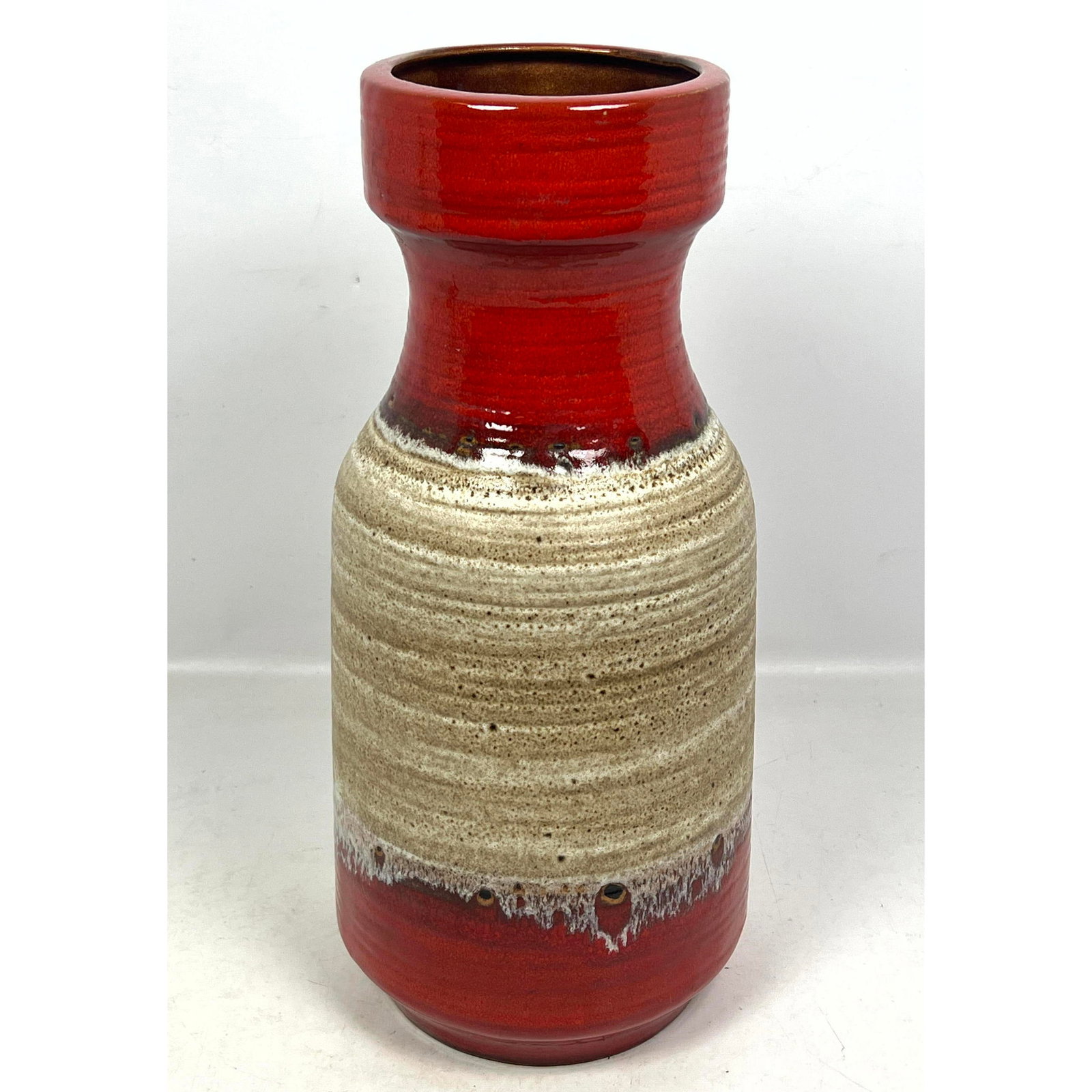 TONNIESHOF CARSTENS West Germany Glazed Pottery Vase. Rich red glaze with central striped band. Foil (1 of 10)