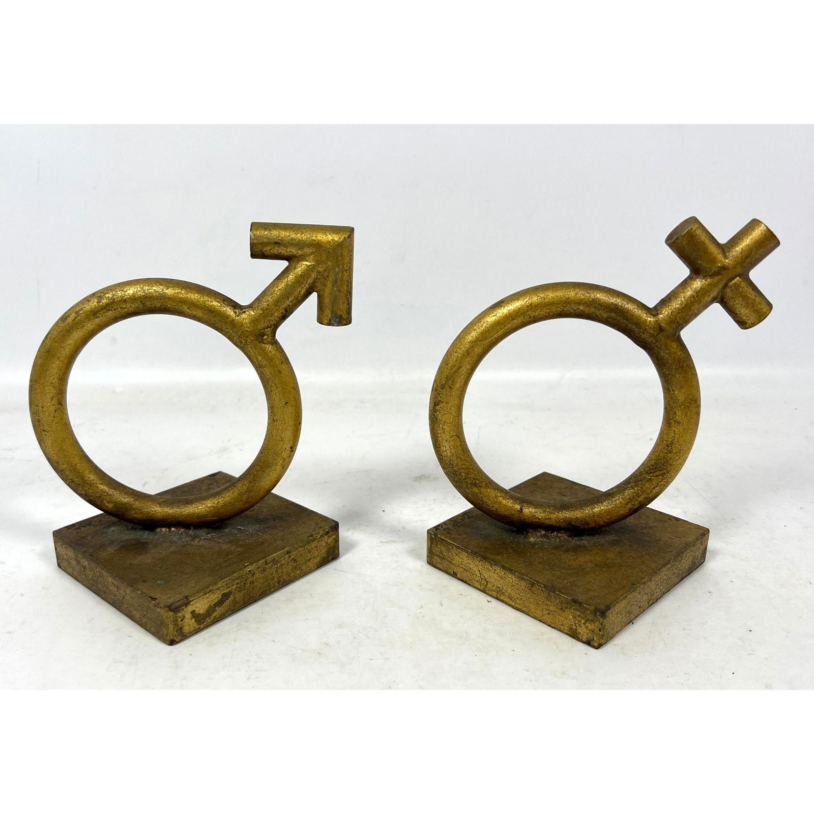 C Jere bookends. "Sexes" Gilt Iron. Signed and dated '68: C Jere bookends. "Sexes" Gilt Iron. Signed and dated '68 Dimensions: Height: 6 inches, Width: 6 inches, Depth: 5 inches. --- US Packing and Shipping charge: In house shipping available. Will be calcul