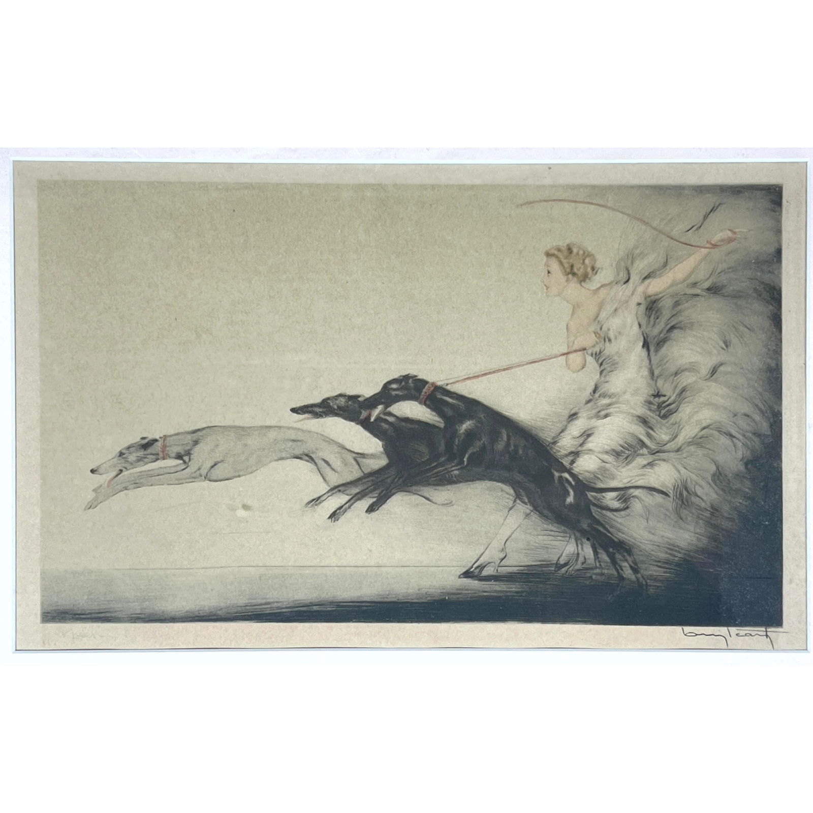 LOUIS ICART "Speed" Print. Signed. Young Woman with Three Greyhounds. (1 of 7)