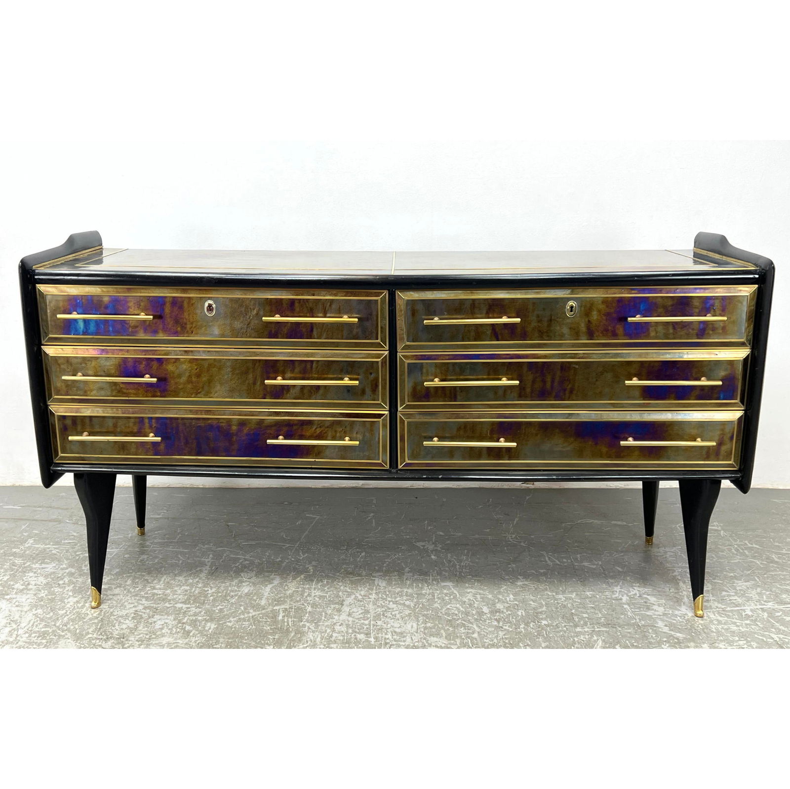 Italian Mid Century Modern Low Chest Dresser Credenza with reverse painted glass iridescent Claddin (1 of 12)